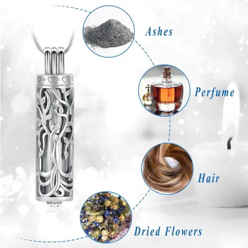 Vista 3 de Collar de urna celta de flores, barra cilíndrica, collar de urna en forma de corazón para cenizas, árbol de la vida, joyería de cremación, collar