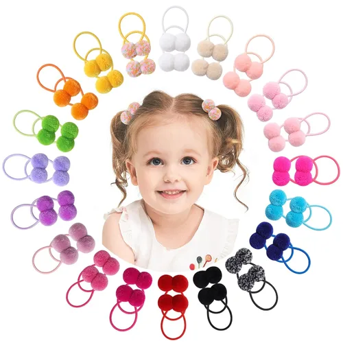 Vista 10 de 40 unidades de accesorios para el pelo para niñas - Pequeños y esponjosos pompones de bola elástica, sujetadores de cola de caballo y bandas de goma
