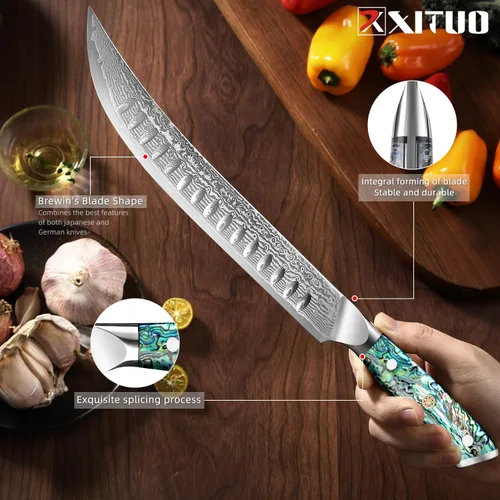 Vista 4 de Cuchillo de carnicero – 10 ″ Cimitar & Breaking Knife Knife – Japanese VG-10 Damasco Steel – Full Tang & Razor Sharp – Diseño ergonómico de mango