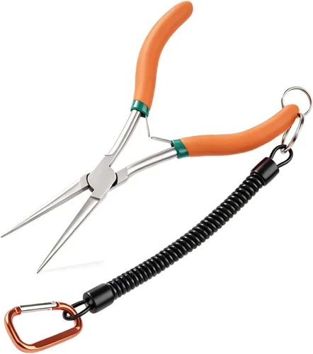 Vista 11 de Alicates de punta de aguja de largo alcance de 7 pulgadas, alicates finos de punta de aguja extra larga Serrated Jaw, Curved Handle, Lanyard