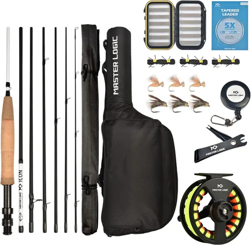 Vista 11 de Kit de inicio de combo de caña y carrete de pesca con mosca MASTER LOGIC, caña de pesca con mosca de grafito con mango de corcho, carrete