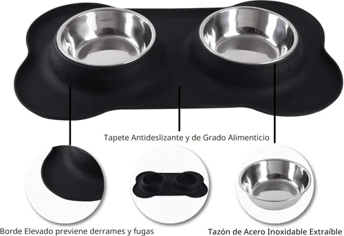 Vista 3 de Hubulk - Comedero doble de acero inoxidable con base de silicona antideslizante antiderrames y pala para alimento, para perros pequeños, medianos
