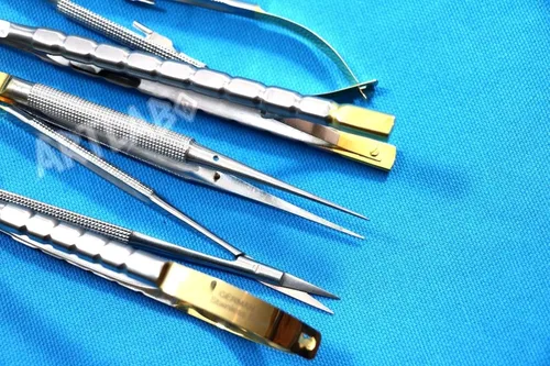 Vista 3 de Juego de 5 tijeras para agujas alemanas de acero inoxidable CASTROVIEJO MICRO CURVADO+RECTO + FÓRCEPS DE SUTURA (marca cantada)