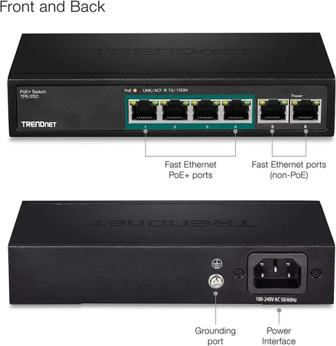 Vista 5 de TRENDnet - Conmutador de red Fast Ethernet PoE de 6 puertos, TPE-S50, 4 puertos Fast Ethernet PoE+, 2 puertos Fast Ethernet, con presupuesto de 60 W