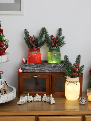 Vista 7 de Tarros de cristal de Navidad, centro de mesa de Navidad para mesa, juego de 3 tarros de albañil coloridos con luces y plantas artificiales