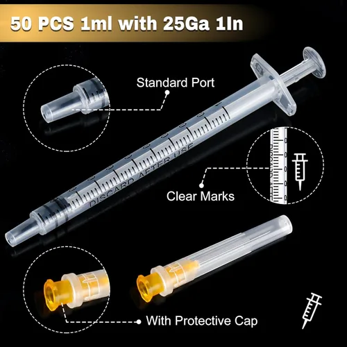 Vista 3 de 50 paquetes de jeringas de 1ml con aguja de 25Ga de 1 pulgada, embalaje sellado individualmente