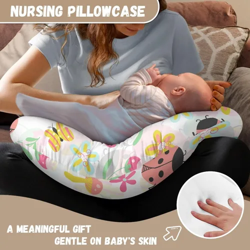 Vista 6 de Forchrinse Funda de almohada de lactancia floral de mariquita rosa para bebés y niñas, funda de almohada de lactancia materna suave lavable