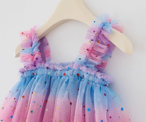Vista 4 de Vestido de tutú arcoíris para niñas pequeñas, vestido de tul en capas, vestido de princesa para niña con diadema de estrella