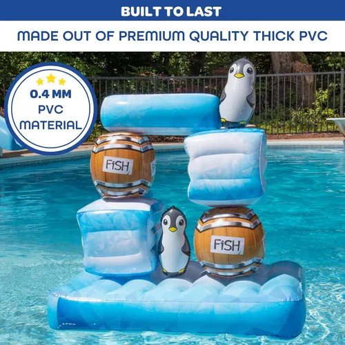 Vista 4 de Stack 'n Splash - Juego de piscina flotante de pingüinos: ¡construirlo, golpéalo, derriba! Juego de 10 piezas con 2 bolas, pilas de más de 2 pies