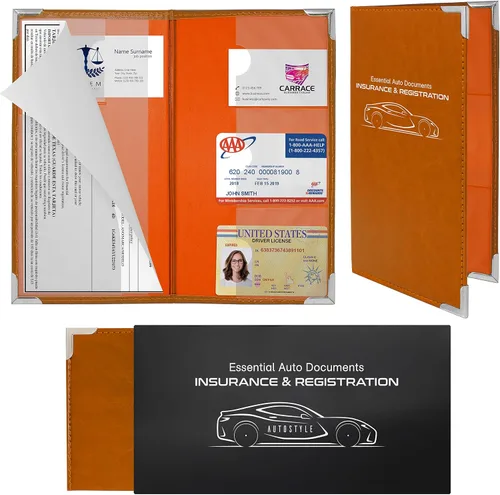 Vista 4 de Paquete de 2 soportes para tarjetas de seguro de esquina y documentos de registro, cartera premium con cierre magnético (Tangerina)