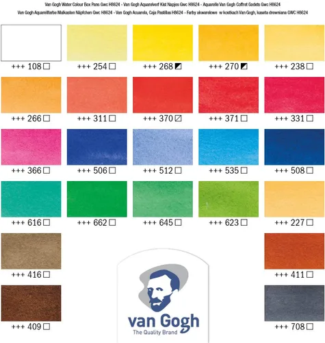 Vista 2 de Van Gogh Juego de pintura de acuarela, caja de madera, 24 medias pastillas + 3 accesorios