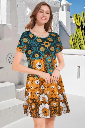 Vista 3 de Vestidos de verano para mujer, con vuelos, estilo informal, de corte holgado, con estampado floral, manga corta, con bolsillos, para la playa