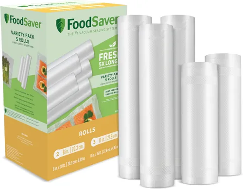 FoodSaver Bolsas selladoras al vacío de longitud personalizada, paquete múltiple, 5 rollos para almacenamiento hermético de alimentos y Sous Vide -
