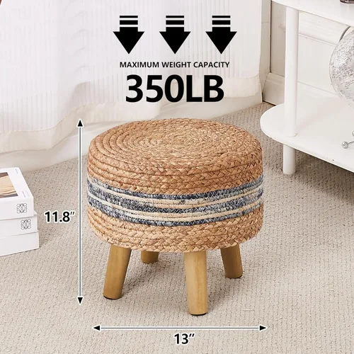 Vista 2 de Cpintltr Taburete redondo otomano natural de algas marinas, pufs tejido a mano, ecológico, taburete suave, acento bohemio, acolchado con patas