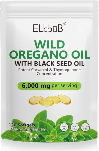 ELBBUB Aceite de orégano con aceite de semilla negra, 6000 mg de aceite de orégano + 200 mg de aceite de semilla negra por porción, alto contenido