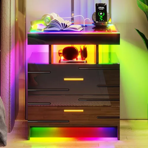Vista 15 de HNEBC Mesita de noche LED, mesita de noche negra con estación de carga, USB + tipo C + carga inalámbrica, mesita de noche inteligente con sensor