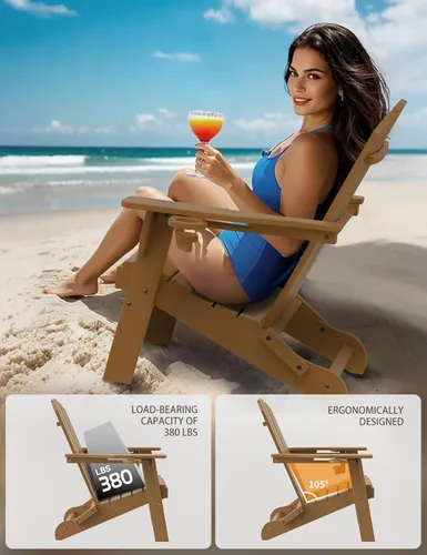 Vista 5 de Silla Adirondack plegable, sillas Adirondack de plástico con textura de madera con 2 portavasos, silla para hoguera de HDPE resistente a
