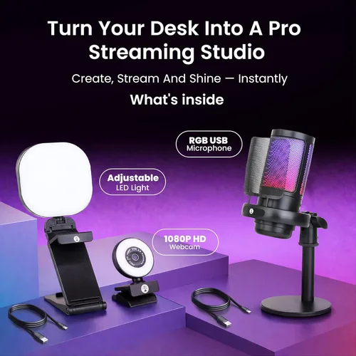 Vista 2 de Kit de transmisión de video en vivo, incluye cámara web de 30 FPS de 1080p, micrófono USB RGB, luz LED ajustable para Twitch, YouTube, Podcast