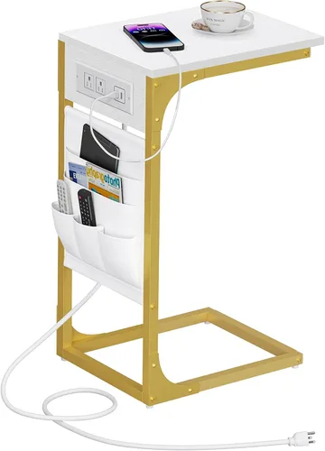 Vista 17 de TUTOTAK - Mesa auxiliar en forma de C, mesa lateral para sofá, mesa de sofá con bolsa de almacenamiento, bandeja para TV para sala de estar, Negro