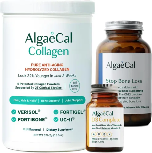 ALGAECAL Paquete de calcio, vitamina D3 y colágeno: colágeno con verisol clínicamente apoyado, fortibone y fortigel, más 13 minerales de apoyo óseo