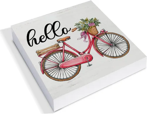 Vista 2 de Letrero de madera de verano, decoración de escritorio, letrero de Hello Floral Bicicleta, caja de madera, letrero de bloque de granja, estante