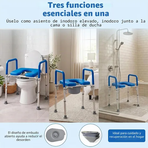 Vista 8 de Ultimate - Asiento de inodoro elevado con asas, cómoda para mesita de noche, reposabrazos acolchados, altura ajustable, asiento de inodoro elevado