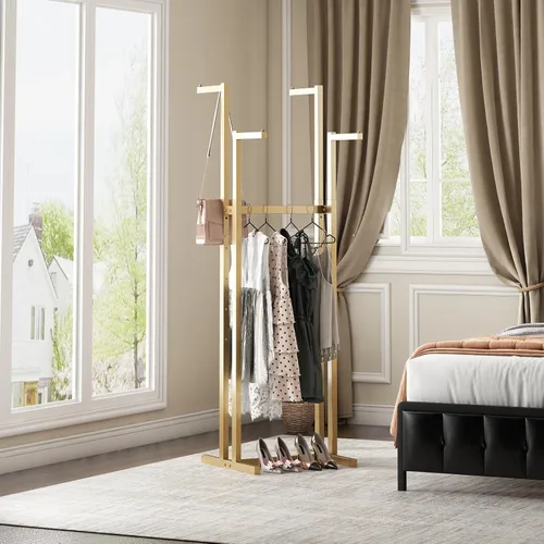 Vista 7 de Percheros Dorados para Ropa, Perchero de Metal con 4 Brazos Rectos, Perchero de Pie para Colgar Ropa Resistente, 46" a 63" de Altura Ajustable