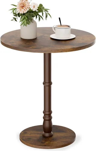 Vista 15 de Mesa auxiliar redonda, pilar de madera maciza con parte superior y base de madera, pequeña mesa de acento para bebidas para sala de estar, Negro