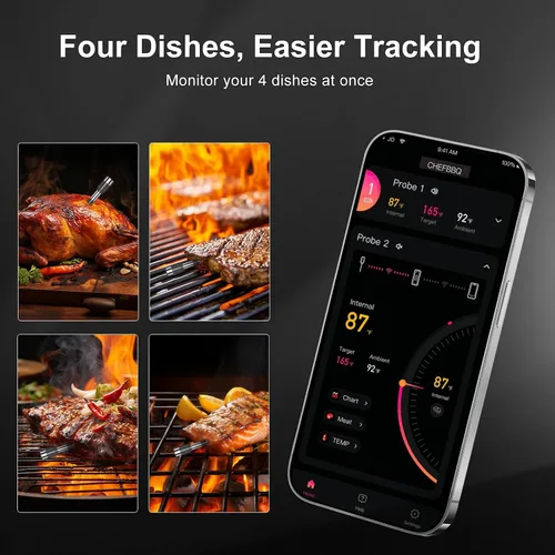 Vista 6 de Termómetro inteligente inalámbrico para carne con 4 sondas y alertas de APP, termómetro de parrilla Bluetooth de 244 metros, sondas ultra delgadas