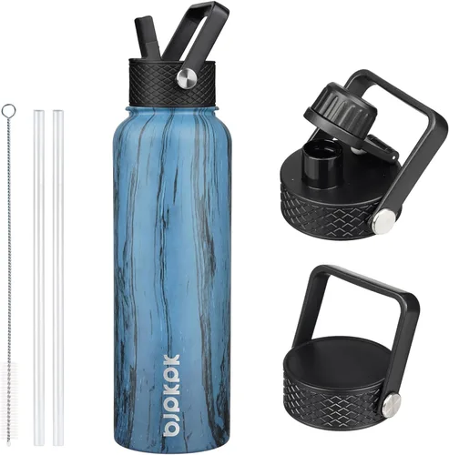 Vista 9 de BJPKPK - Botellas de agua aisladas con tapa con popote, botella grande de metal de 32 onzas con 3 tapas, termo reutilizable sin fugas y sin BPA