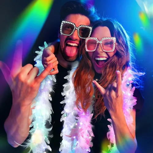 Vista 7 de 2 Pack LED Feather Boa Includes 2 Pcs Feather Boa 2 Pieces 20 LED String Lights and 2 Square Rhinestone Sunglasses for Party Wedding Dancing Costume