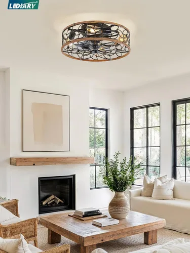 Vista 7 de Ventiladores de techo enjaulados con luces LEDIARY, ventilador de techo de granja de montaje empotrado con control remoto, ventilador de techo