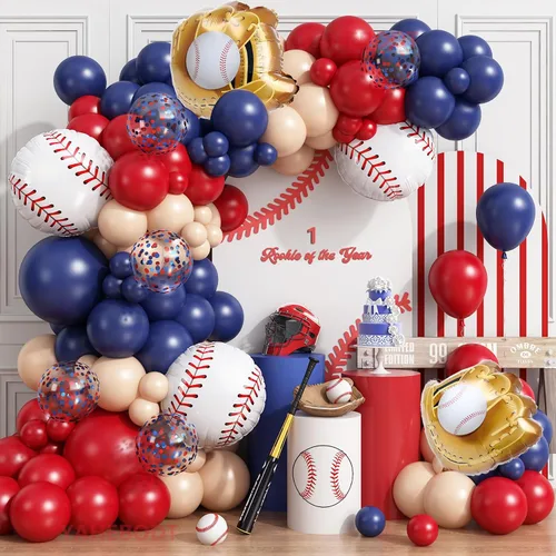 Kit de guirnalda de arco de globos de béisbol, 166 globos de color azul marino, rojo, nude y confeti con globos de papel de aluminio de béisbol para