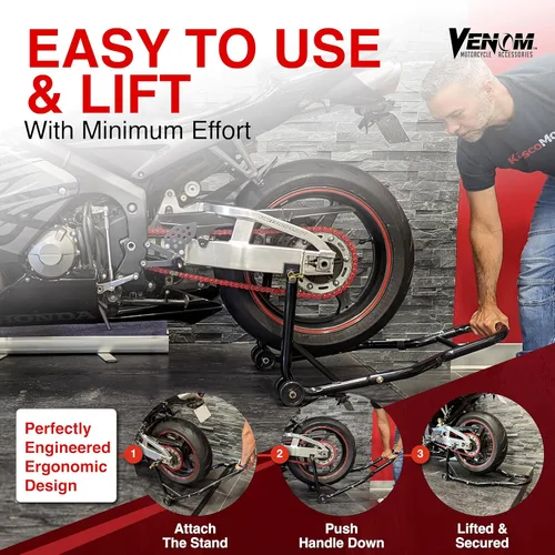 Vista 4 de Venom soporte de paleta frontal y trasera en combo para motocicleta deportiva, soporte para elevación de rueda, soporte de potrero en combo