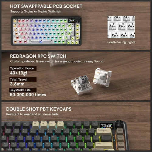 Vista 6 de Redragon Teclado mecánico inalámbrico K751 75% para juegos para PCMac, Bluetooth 5.02.4GHzUSB C teclados cremosos