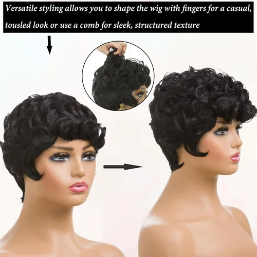 Vista 9 de Pelucas cortas de corte Pixie negro natural para mujeres negras, pelucas de cabello rizado de repuesto, peluca corta negra en capas con flequillo