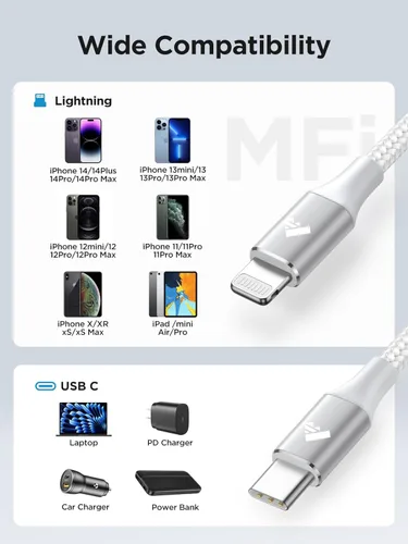 Vista 6 de Cable USB C a Lightning de 10 pies [certificado Apple MFi] Cargador rápido para iPhone USB C, suministro de energía, tipo C a Lightning, cable