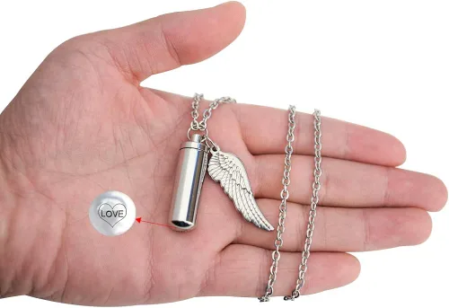 Vista 5 de Dletay - Collar de urna de cremación para cenizas, colgante de recuerdo con alas de ángel, acero inoxidable