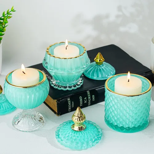 Vista 9 de Joyero de cristal azul con tapa, tarro de caramelo de cristal, tarro de cristal para bufé de dulces de boda, tarros de boticario de cristal