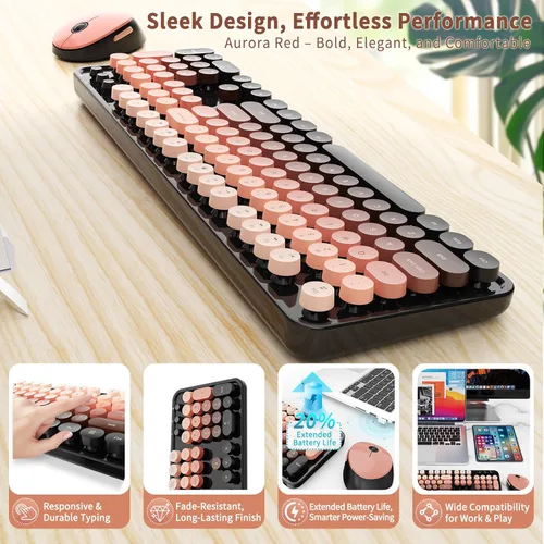 Vista 4 de Combo de teclado y mouse inalámbricos Nowlike, teclado retro de máquina de escribir con teclas redondas, ergonómico de tamaño completo, rojo aurora