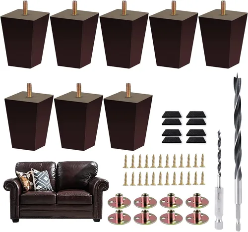 Vista 14 de Juego de 8 patas de sofá cuadradas para cama, patas de repuesto de madera de 2 pulgadas para muebles, color marrón oscuro