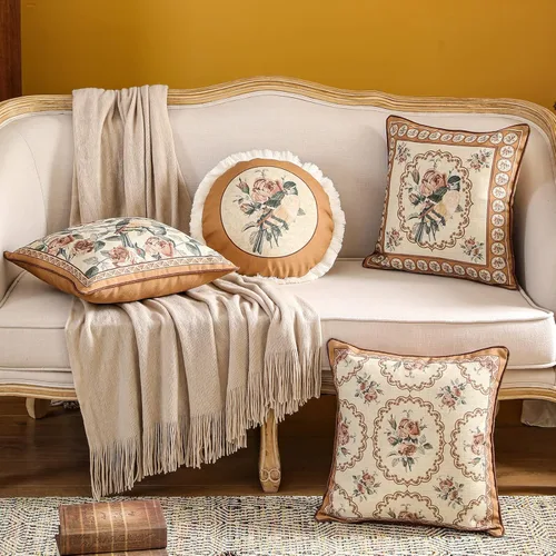 Vista 7 de patdrea Fundas de almohada de diseño floral vintage para sofá, fundas de almohada de lino marrón amarillo con patrón de pájaro y rosa, cojín