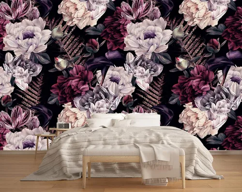 MFWFM Papel Pintado Floral Acuarela Flores de Peonía Oscura Mural de Papel Pintado para Dormitorio Sala de Estar (No Despegar y Pegar)