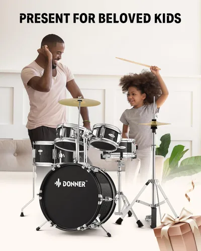 Vista 6 de Kid Drum Sets-Donner 5 piezas para principiantes, kit completo de batería junior de 14 pulgadas con trono ajustable, platillo, Hi-Hat, pedal