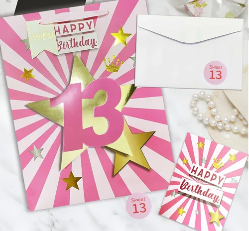 Vista 4 de Bolsa de regalo de cumpleaños número 13 con papel de seda, bolsa de regalo rosa de 13 pulgadas con tarjeta para niña de 13 años
