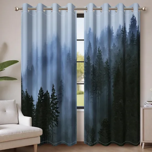 Vista 12 de AWERT Cortinas opacas para dormitorio, árbol azul claro con niebla, cortinas de bosque natural, 2 paneles para sala de estar, bloqueo de calor, 21 x