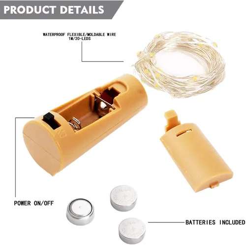 Vista 3 de Luces para botellas, paquete de 12 unidades, 20 luces LED de corcho para botellas de vino, batería (incluida), mini luces de hadas para iluminación