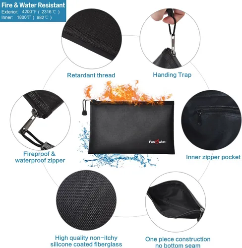 Vista 3 de Bolsas seguras para documentos de dinero ignífugo – Paquete de 2 bolsas de 13.4 x 9.8 pulgadas y 10.6 x 6.7 pulgadas, bolsa impermeable