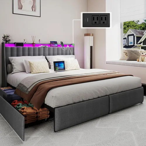 Vista 10 de Base de cama tamaño Queen con 2 cajones de almacenamiento, base de cama con plataforma tamaño Queen con luz LED, cabecera tapizada, estación