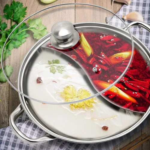 Vista 4 de Olla caliente mongol Shabu Shabu de acero inoxidable con divisor+10 pares palillos 3 pinzas para alimentos+2 pares de cucharas colador